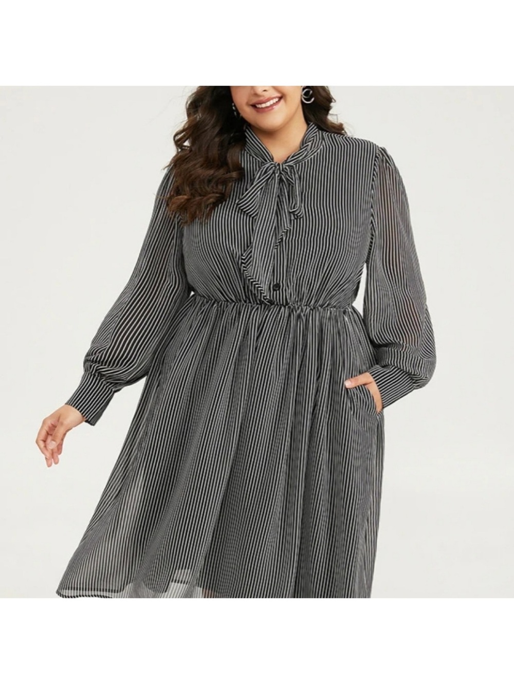 BloomChic Black and White Striped Tie-Neck Long Sleeve Dress